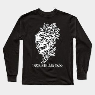 Skull with flowers 1 Corinthians 15:55 Tattoo Flash Long Sleeve T-Shirt